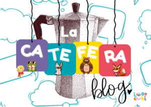 Una cafetera italiana con el título en colores: "La Catefera" aparecen una rana, un perro, un oso y un zorro en cada sílaba del título. Las sílabas del título están desordenadas a propósito